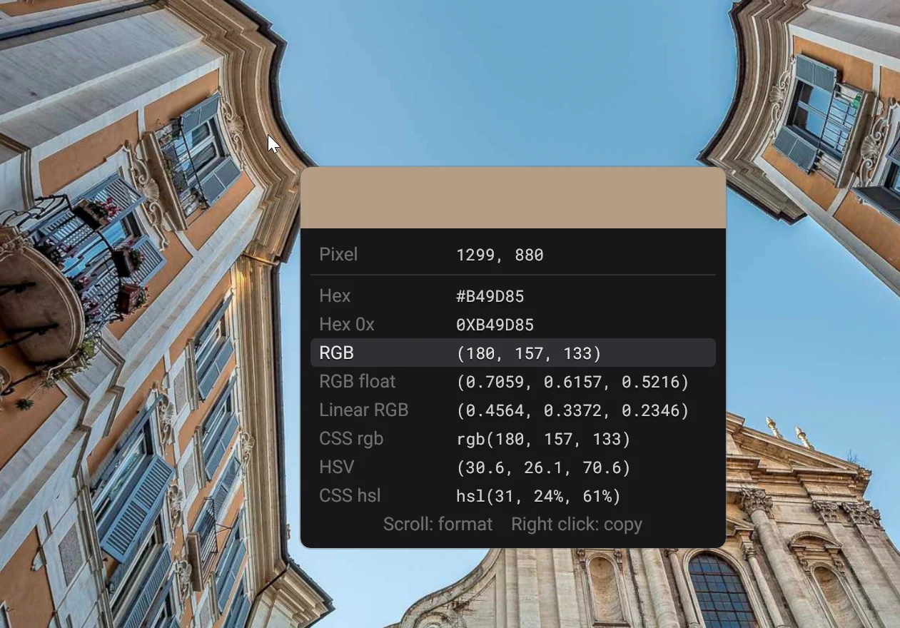 The color picker over a photo, with the color in every copy format