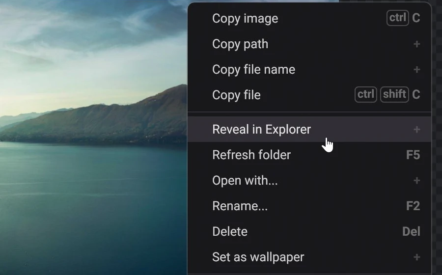 The right-click menu with the copy, reveal, open with, rename, delete and wallpaper actions